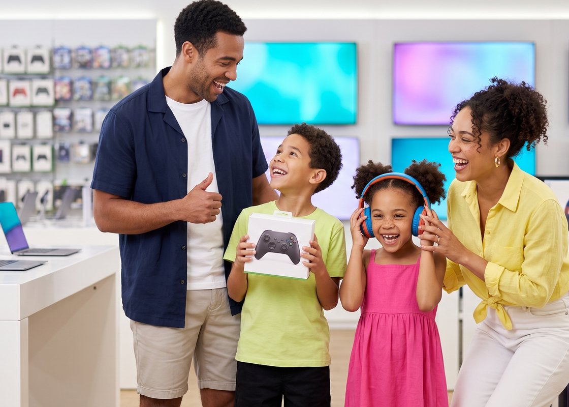A family choosing headphones and games in an electronics store