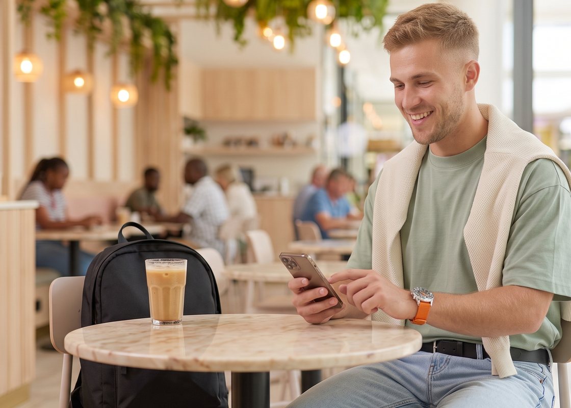 A shopper browsing the Instore app over coffee in a mall café