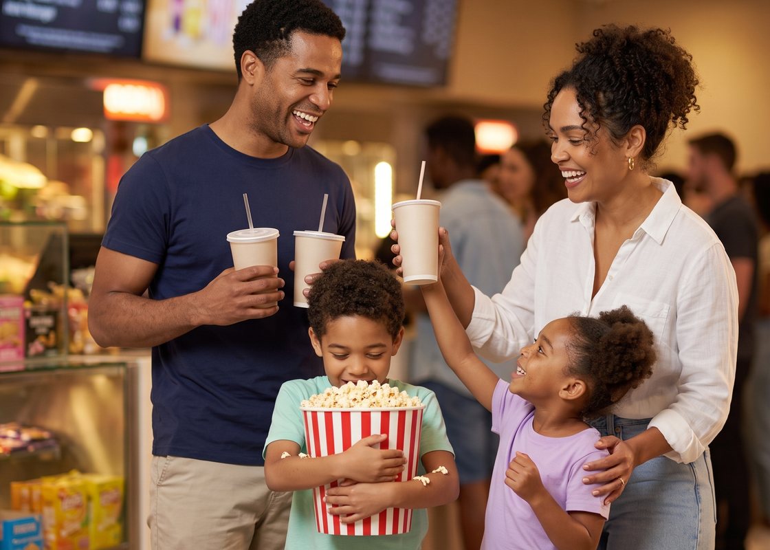 A family collecting popcorn and drinks at a cinema counter