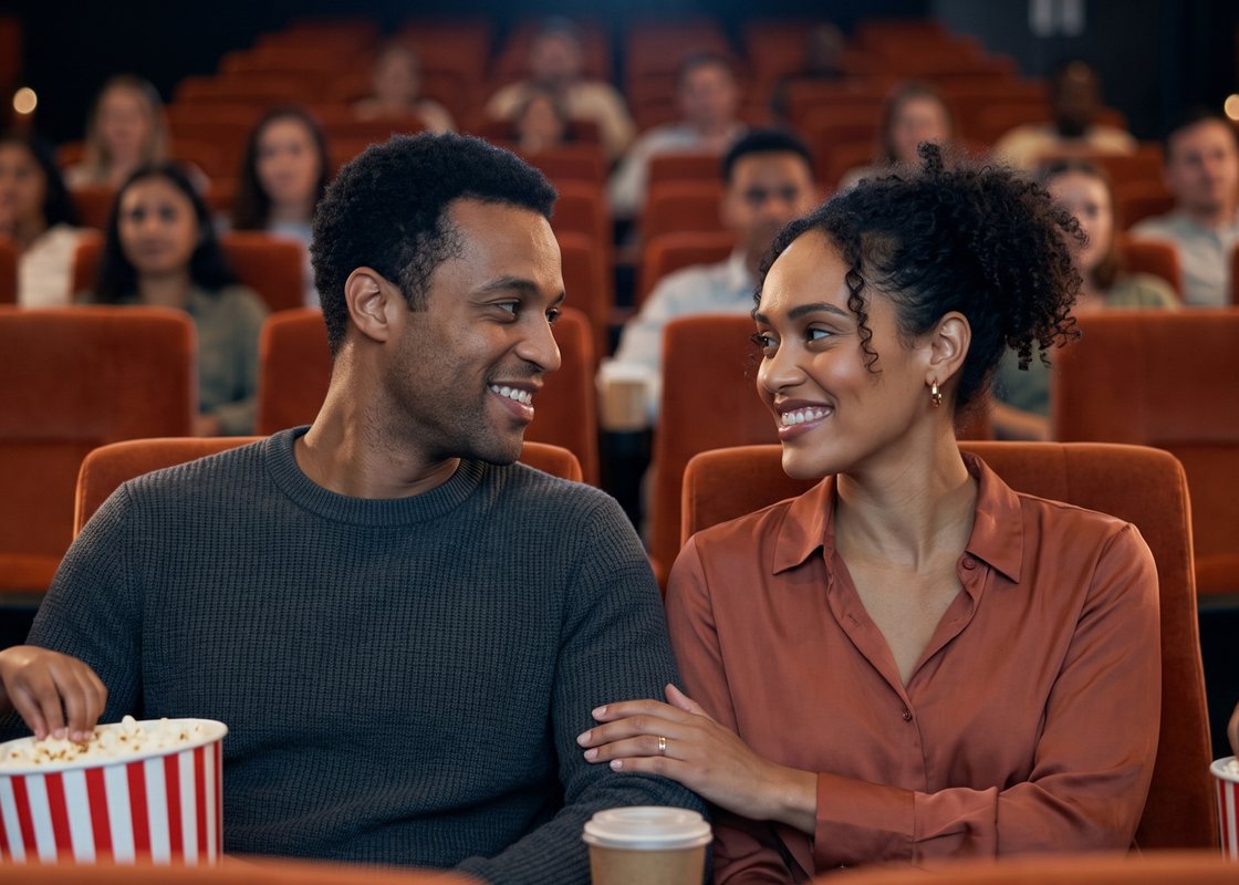 A couple laughing together in a cinema auditorium