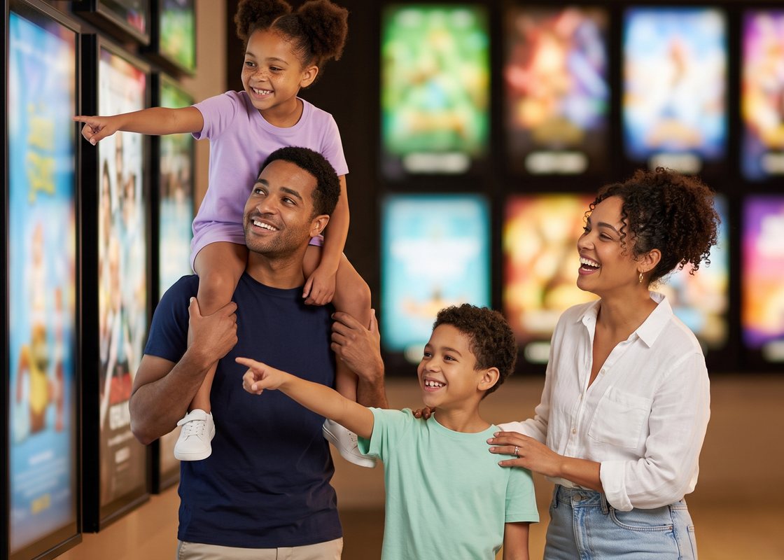 A family pointing at film posters in a cinema foyer