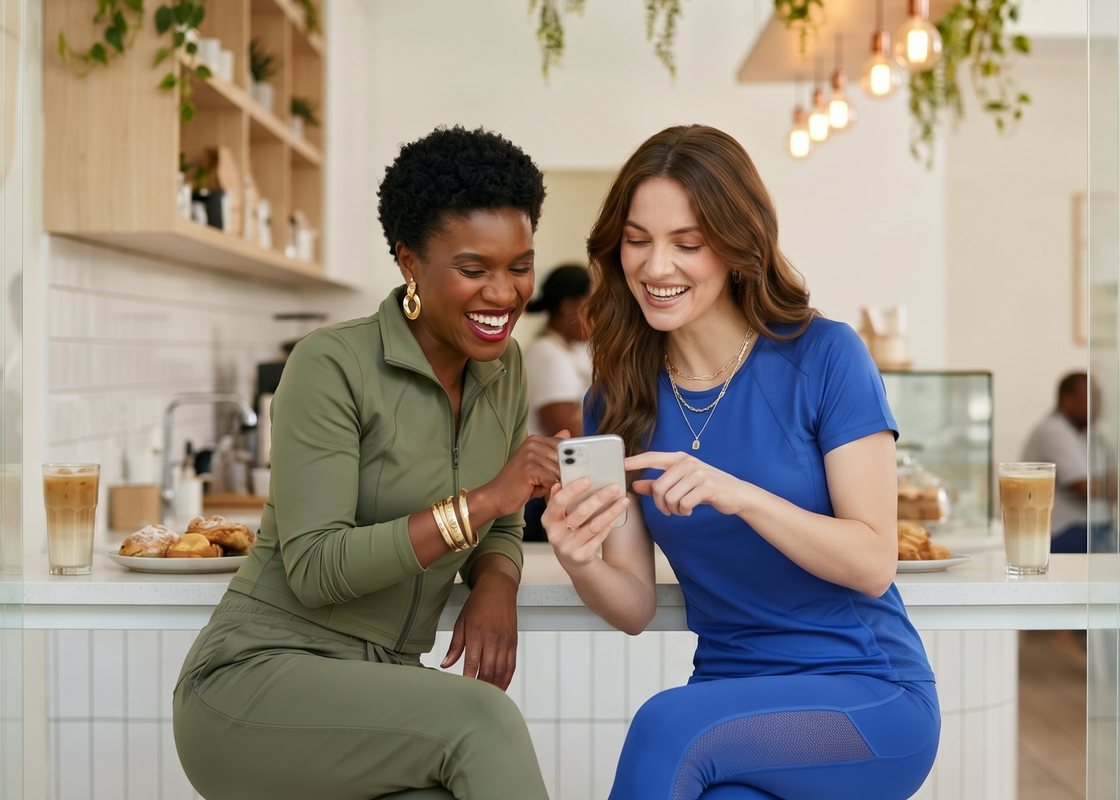 Two friends looking at a phone in a mall café