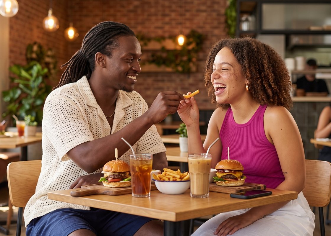 A couple sharing a meal in a mall restaurant