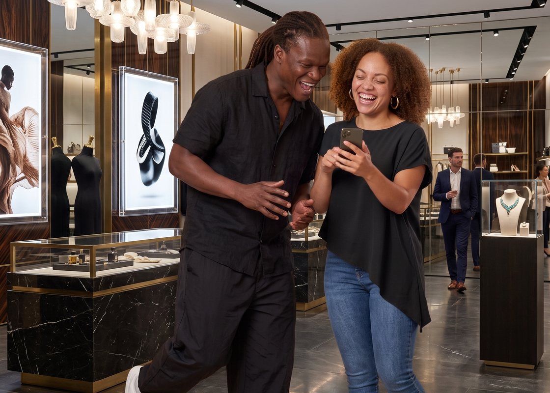 A couple looking at a phone together in a luxury store